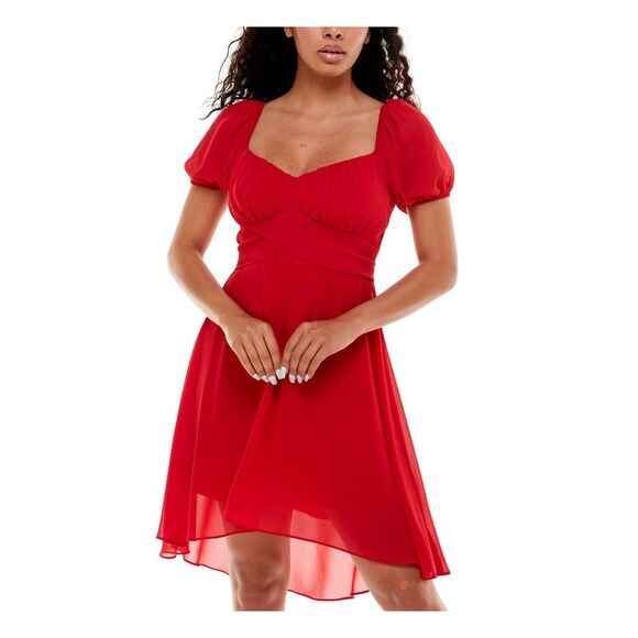 B DARLIN Dresses & Skirts - B DARLIN Womens Lined Tie Pouf Sleeve Below The Knee Evening Hi-Lo Dress